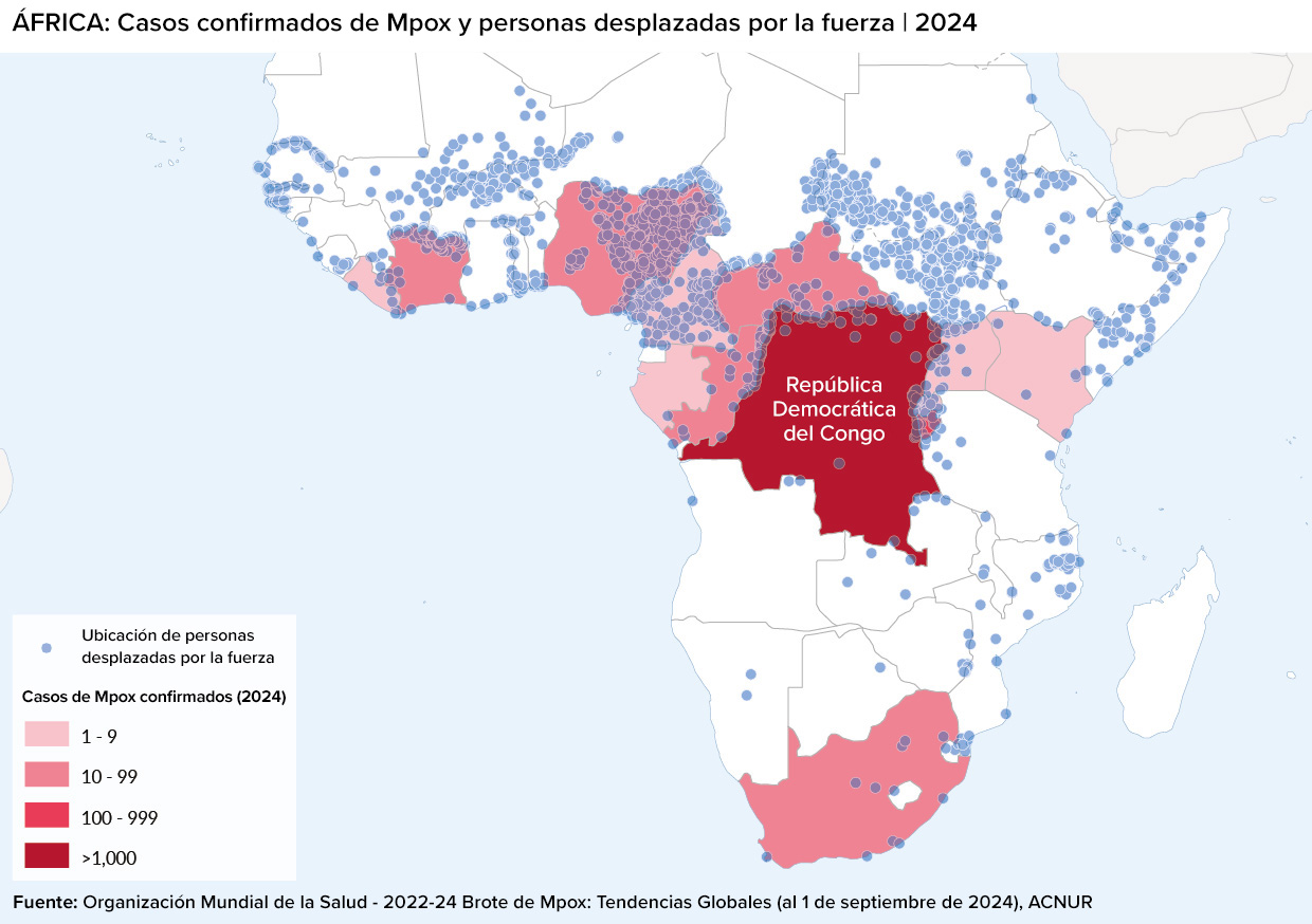 Mapa de África en el que se muestran casos de mpox y ubicaciones de personas desplazadas por la fuerza