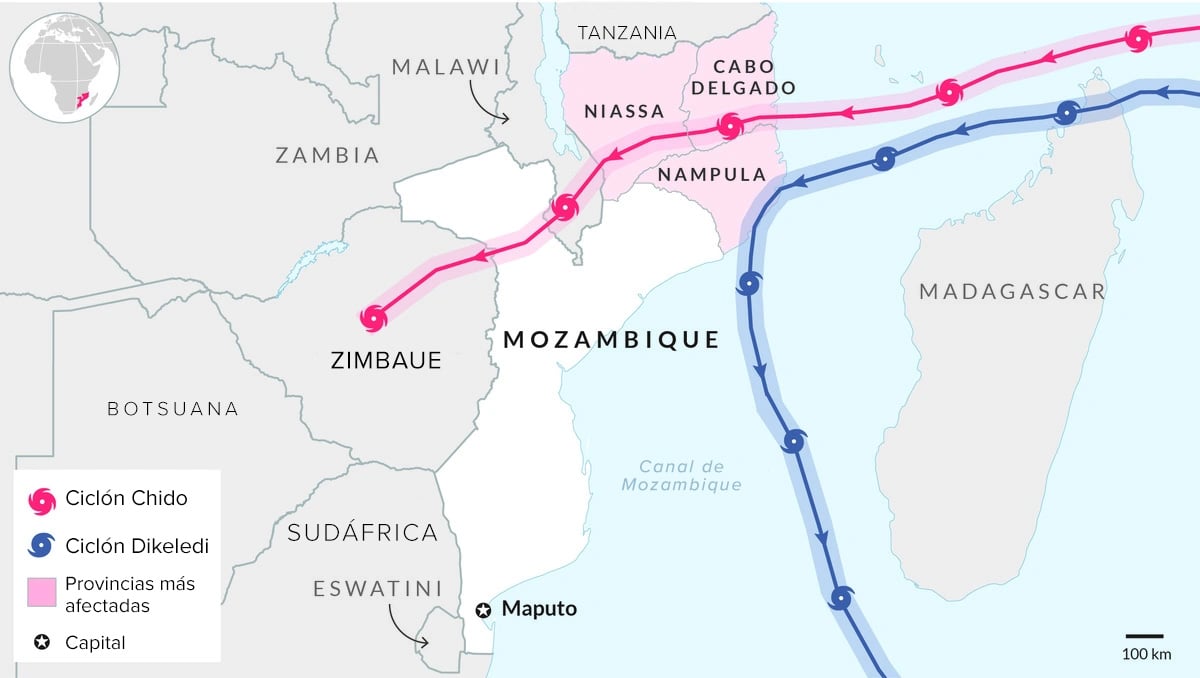 Mapa de la trayectoria de los dos ciclones por el norte de Mozambique, se puede leer en negro las ciudades de la zona, además se resaltan otros colores como rosa y azul para identificar las áreas afectadas