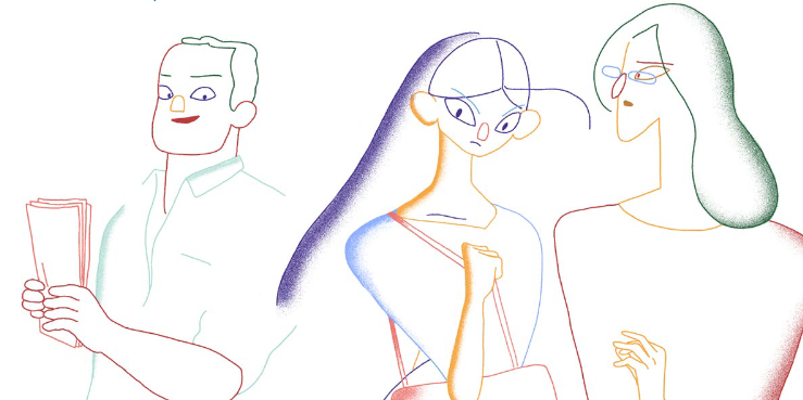 Illustration of a man staring insistently at two women.