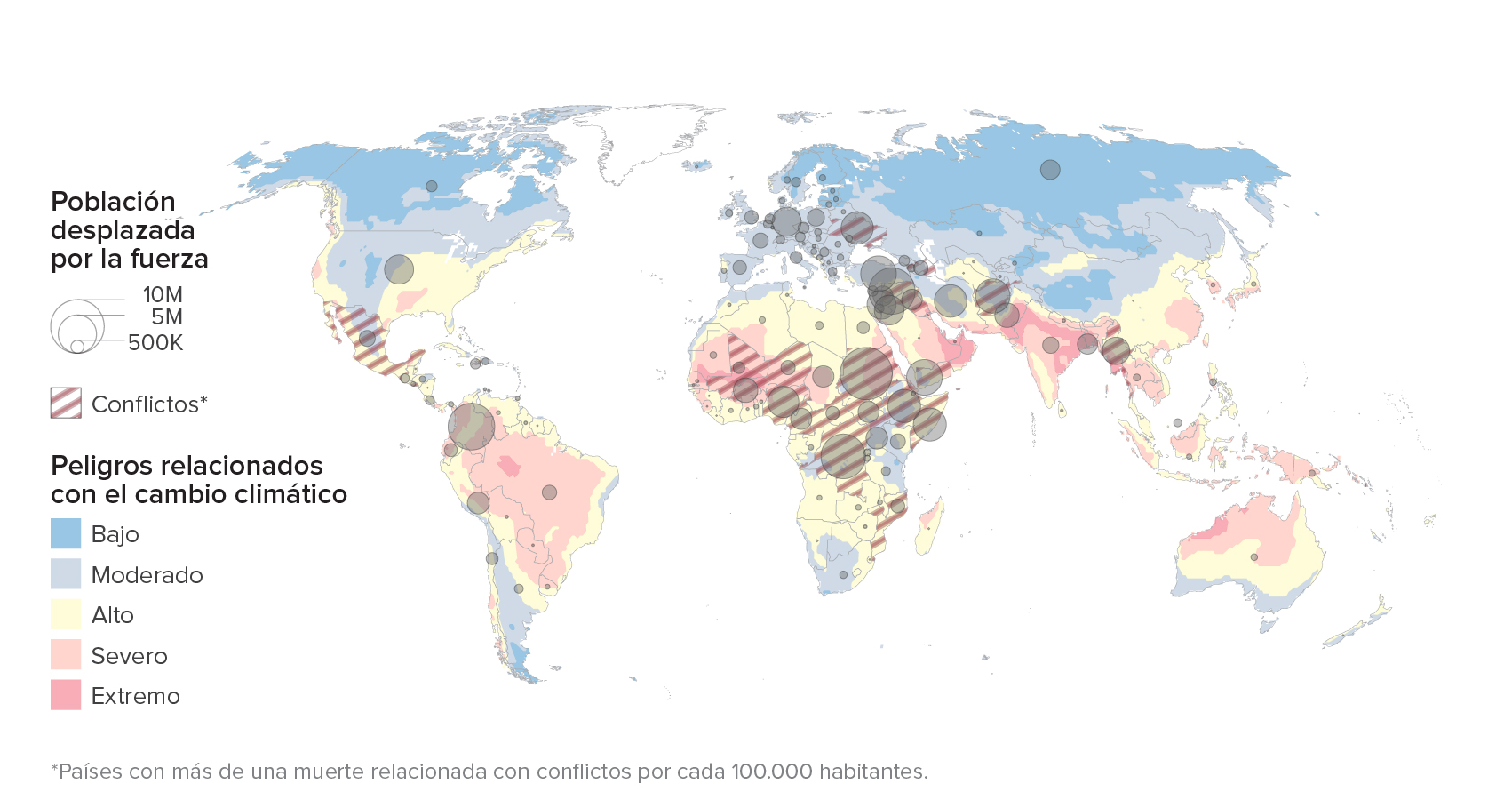 Mapa de peligros relacionados con el cambio climático y países con más muertes relacionada con conflictos.