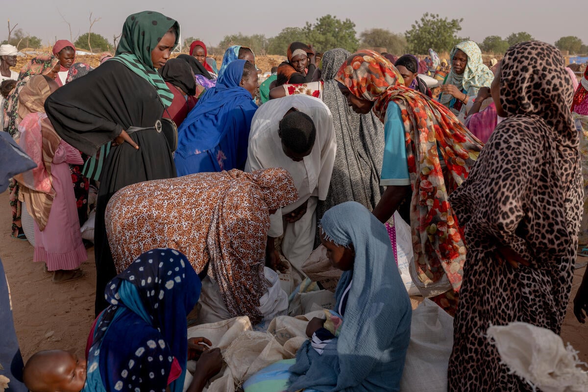 Refugiados sudaneses se reúnen durante una distribución de ayuda alimentaria en el asentamiento espontáneo de Adre, cerca de la frontera de Chad con Sudán, abril de 2025. Refugiados sudaneses se reúnen durante una distribución de ayuda alimentaria en el asentamiento espontáneo de Adre, cerca de la frontera de Chad con Sudán, abril de 2025.
